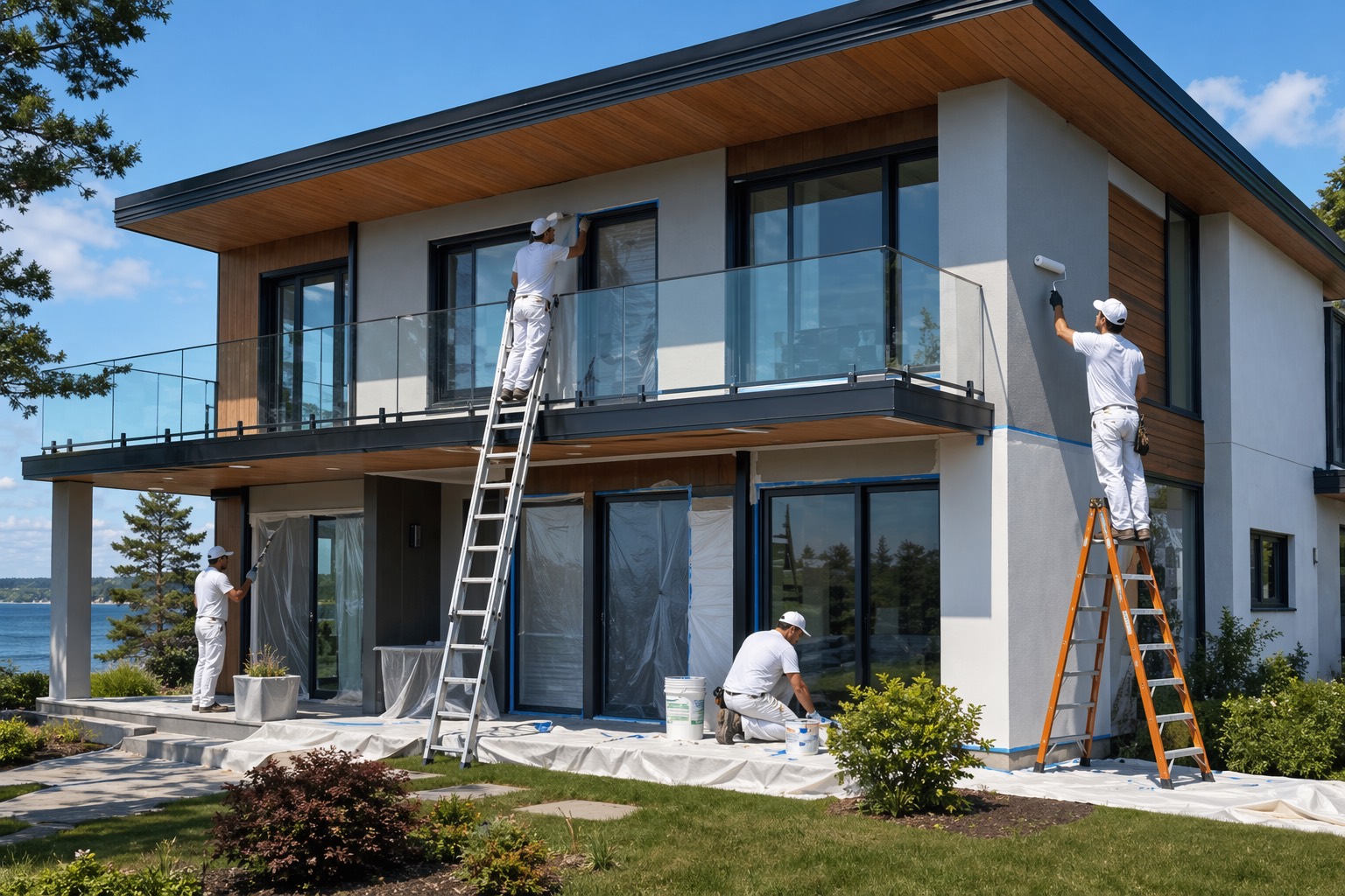 Exterior painting team working on a modern home